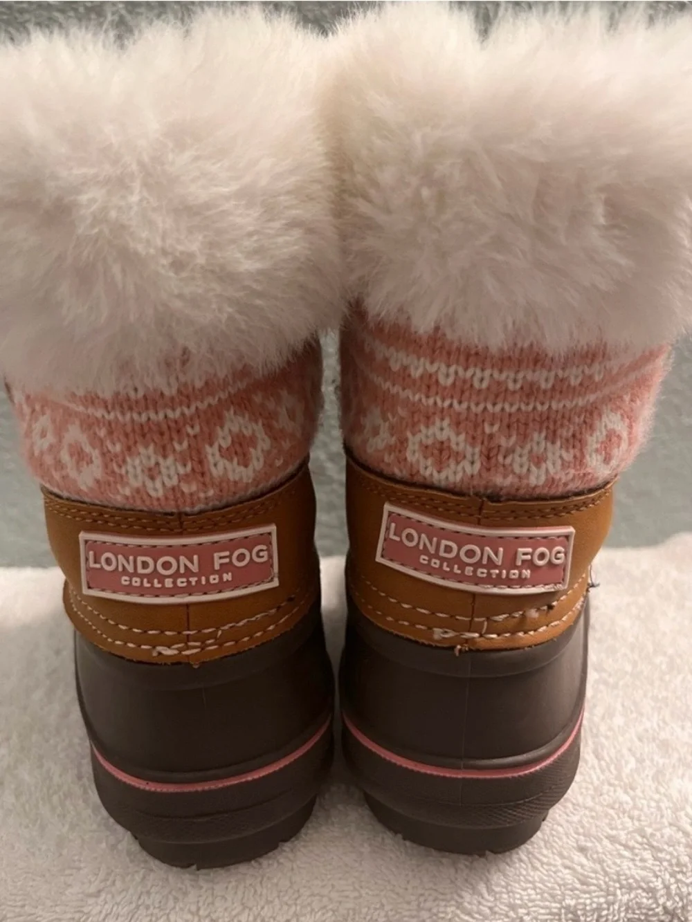 London fog toddler Brown Winter Duck Boots with Pink Knit Cuff and Faux-Fur Trim